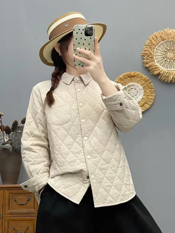 秋冬全棉翻领菱形格绗缝夹棉衬衫女宽松休闲保暖上衣