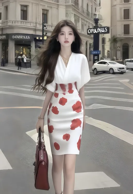 温柔纯欲千金风氛围感V领短袖收腰显瘦两件套时尚白红色短裙套装