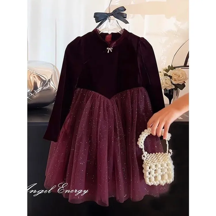 女童新年连衣裙女童红色连衣裙2025秋冬款加绒加厚公主裙儿童新年