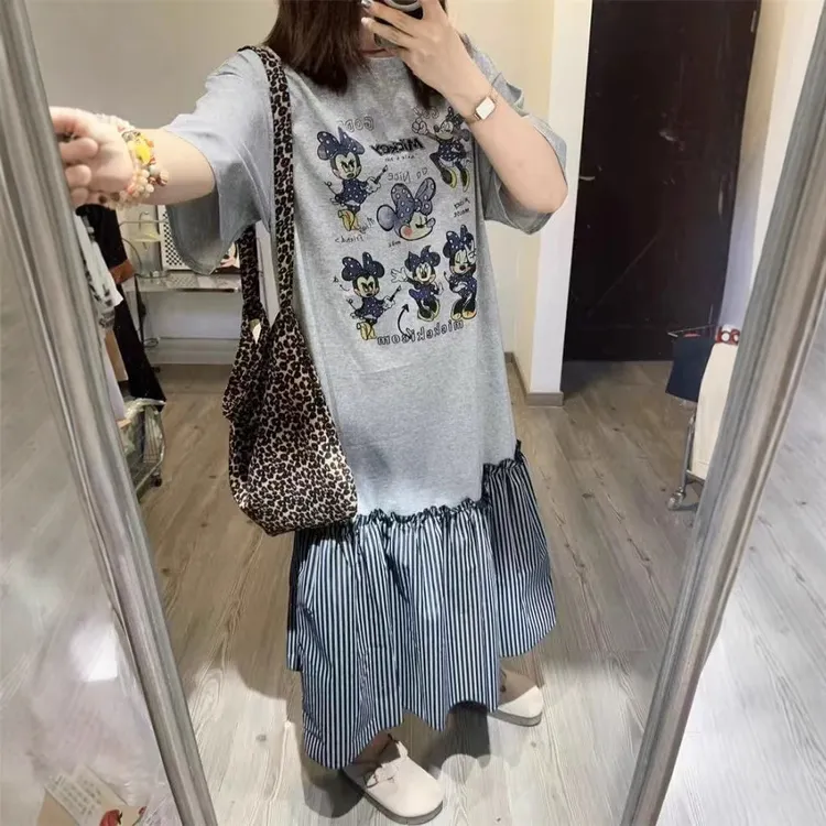 韩系减龄2025夏新款趣味卡通印花拼接设计百搭休闲体恤裙女长裙夏