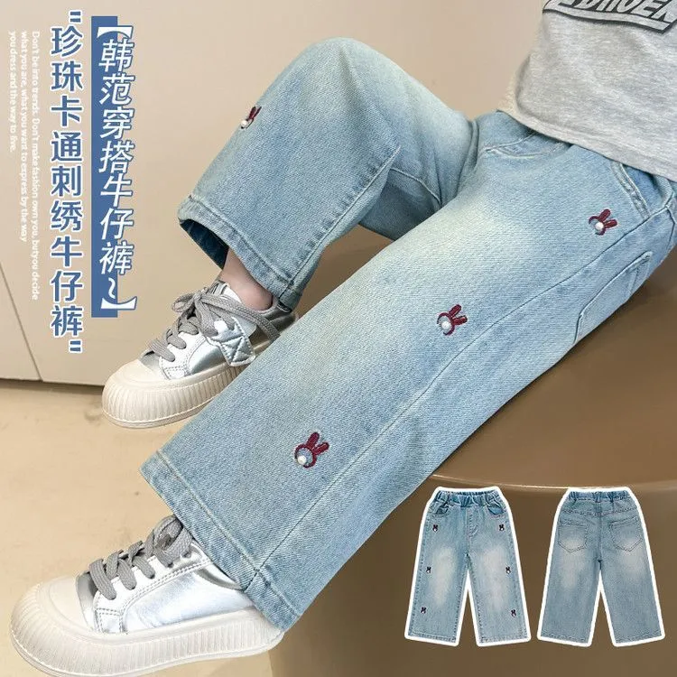女童春秋款牛仔裤小女孩韩版卡通刺绣阔腿长裤女宝宝春装洋气裤子