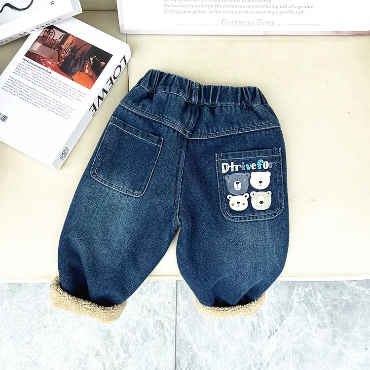 儿童加绒牛仔裤新款男童韩版冬装中小童洋气冬季卡通加厚休闲长裤