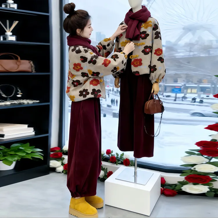 女总裁霸气套装暖调复古两件套灯笼袖外套高腰阔腿裤遮肉显瘦