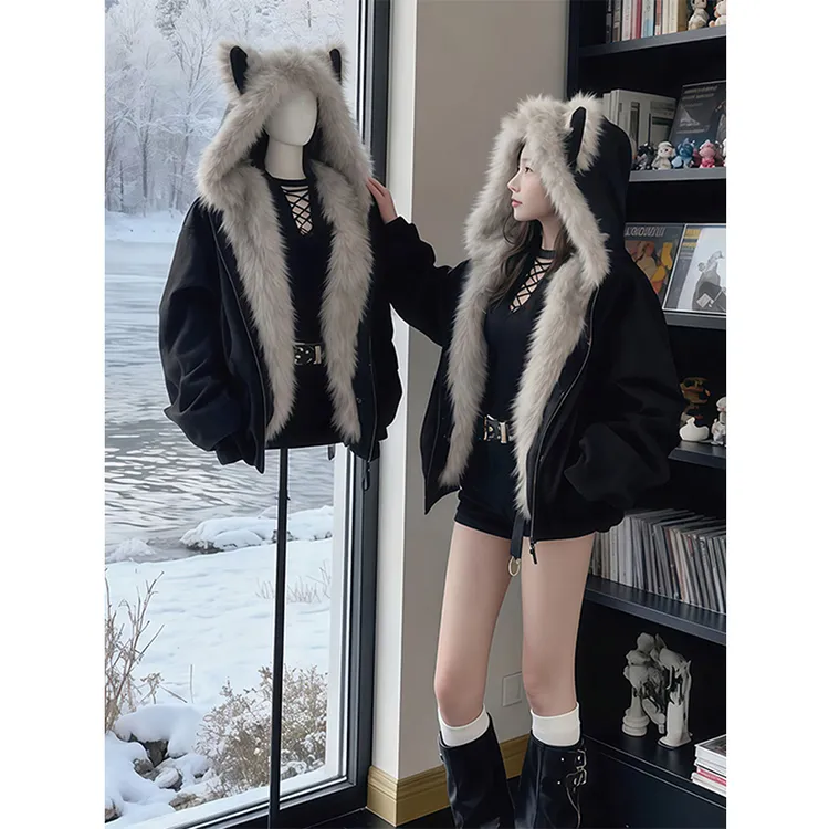 黑色猫耳朵座山雕棉服外套男冬季潮牌加厚保暖高级感毛领连帽棉袄