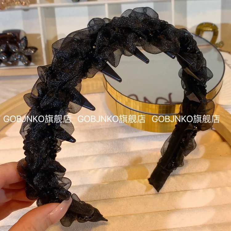 GOBJNKO韩版小香风发箍手工编织气质网红百搭黑色网纱长齿头箍