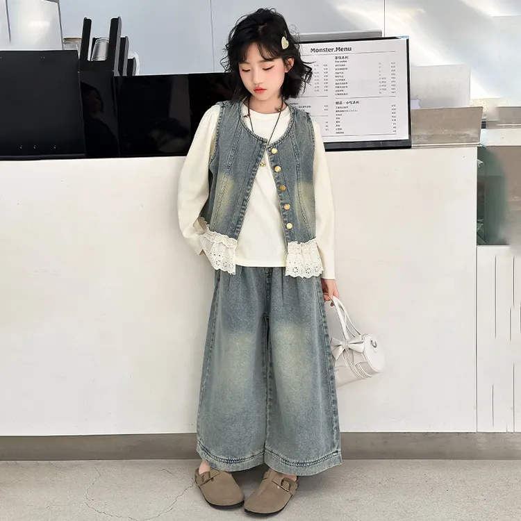 女童马甲亲子装套装春款春装中大童女孩时尚女童牛仔三件套韩版
