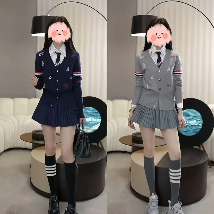 2025早秋新款学院风套装刺绣V领针织外套修身长袖衬衫高腰百褶裙