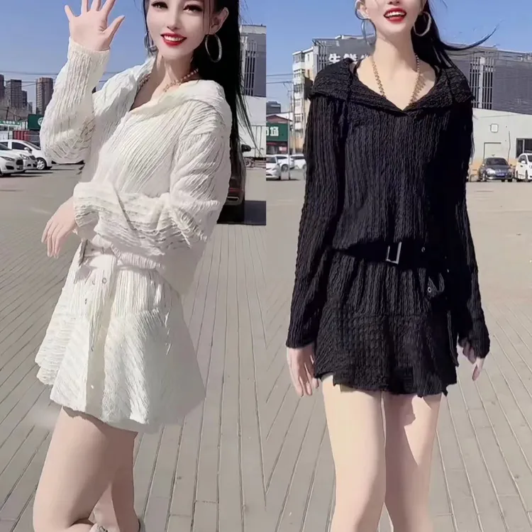 褶皱中长裙长袖连帽连衣裙宽松针织cleanfit风遮肚