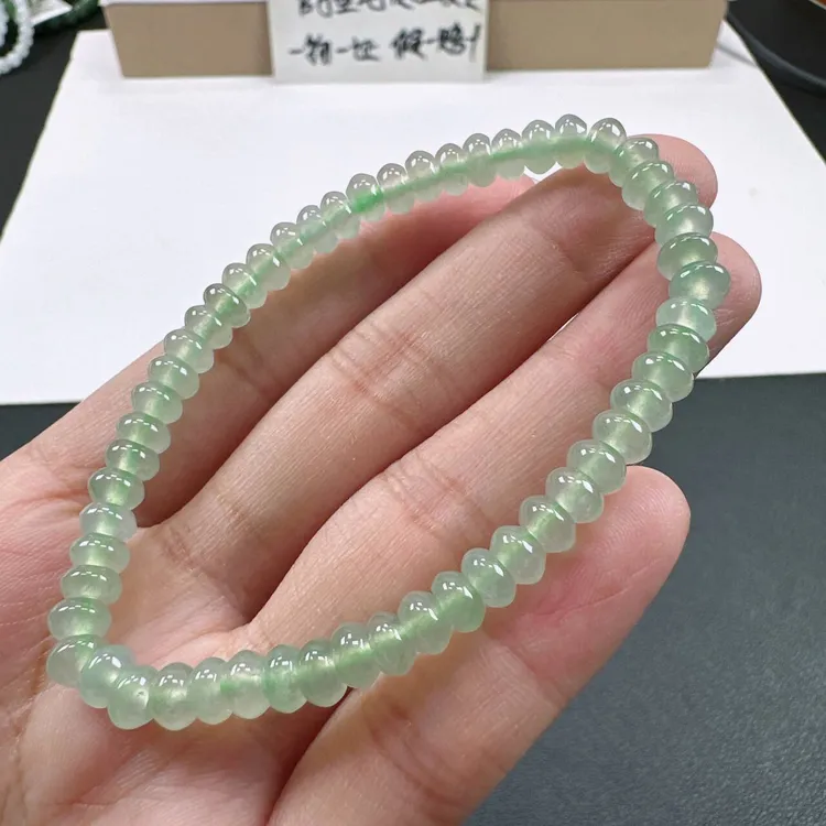 天然A货翡翠卡5.6mm老坑冰种晴水绿算盘珠单圈女士手串
