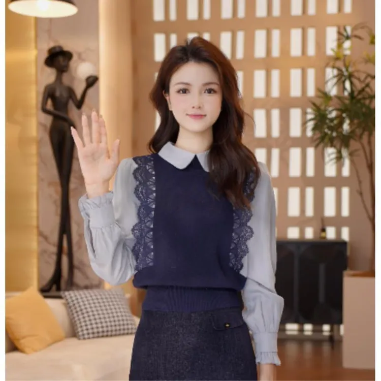【梦梦】繁花似锦新款法式翻领立体钩花蕾丝减龄针织衫2511033