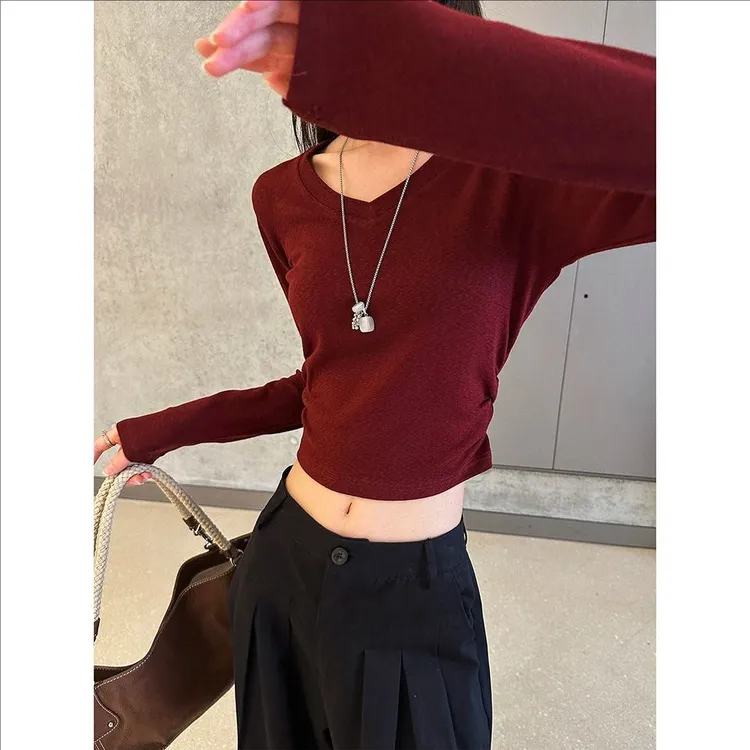 动感少女V领早秋穿搭长袖T恤女2025秋季新款时尚设计感百搭上衣