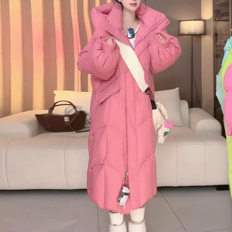 高级感粉色服女2025冬季新款长款过膝棉衣棉袄面包服厚外套