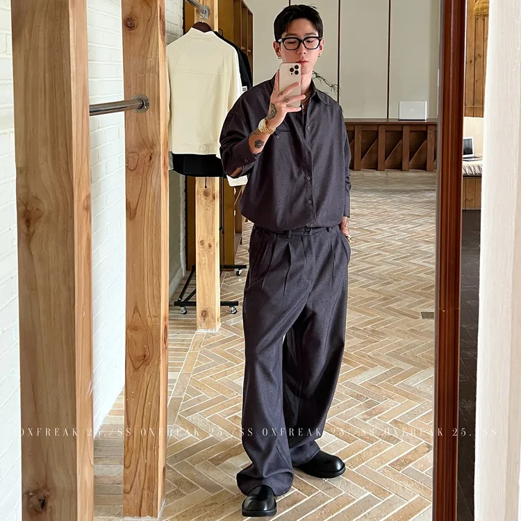 OXFREAK「老钱风 琥珀棕」休闲绅士套装男复古长袖衬衫直筒休闲裤