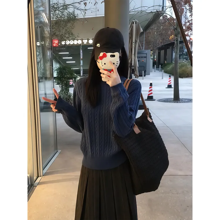 韩系温柔风长袖圆领纯色针织衫女秋冬新款修身显瘦高级感气质上衣