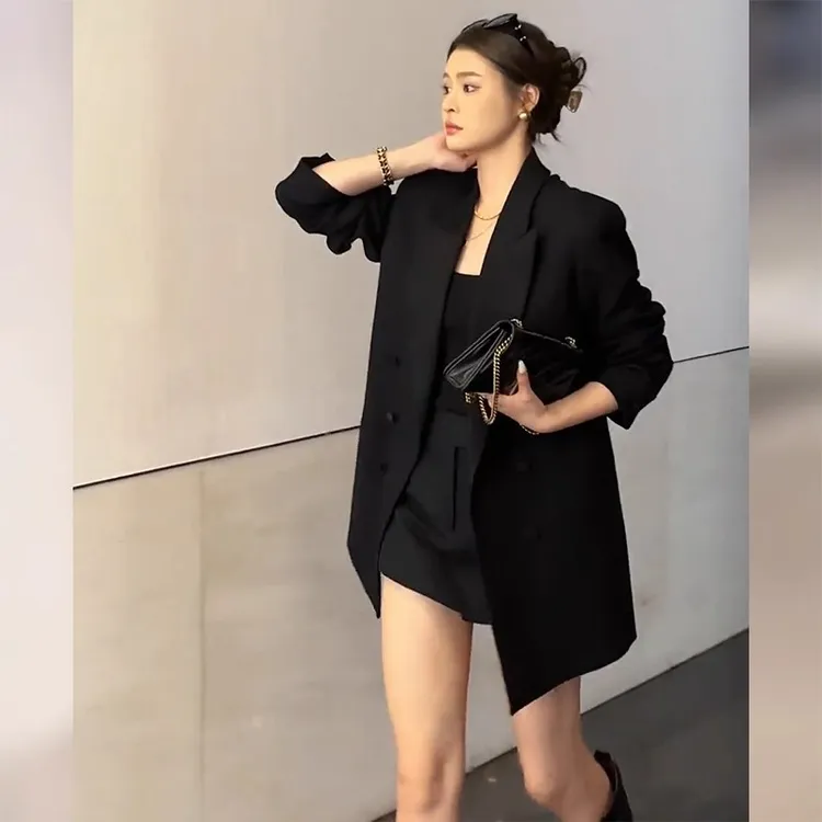 大码黑色西装外套女2025新款秋季气质高级感宽松休闲中长款小西服