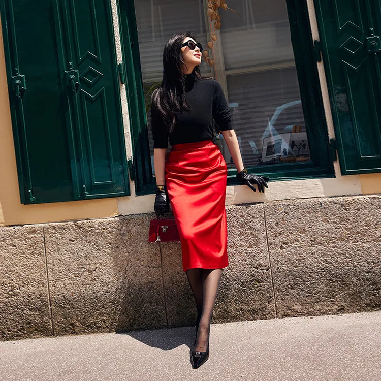 TRACYCHU超厚三醋炽焰红极简半裙显瘦气质简约时尚百搭复古炸街风