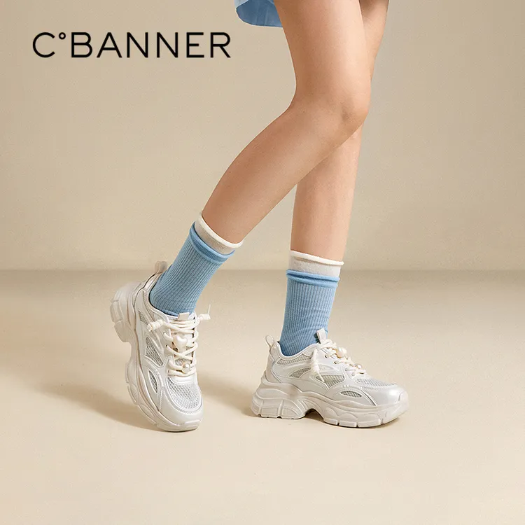 千百度厚底老爹鞋2025夏季网面透气时尚运动休闲小白鞋A25301603