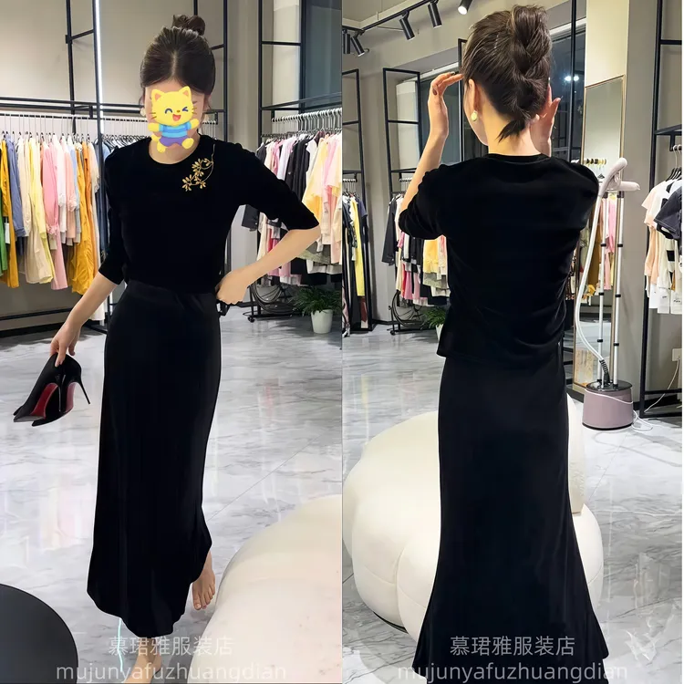 高级感时尚套装女2025秋季新款洋气显瘦丝绒上衣+半身裙两件套潮