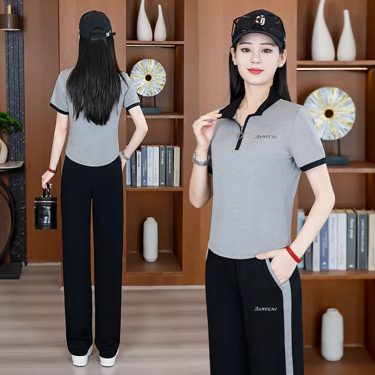休闲运动套装女2025夏季新款时尚两件套阔腿裤短袖立领冰丝显瘦