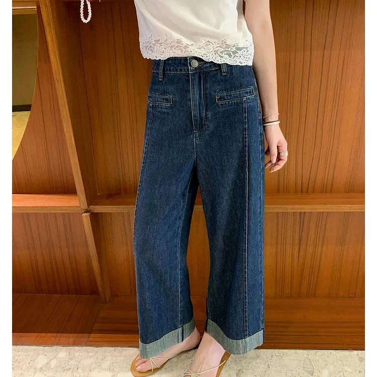 丹宁蓝翻边直筒九分裤女2025秋季新款梨形身材遮胯显瘦阔腿牛仔裤