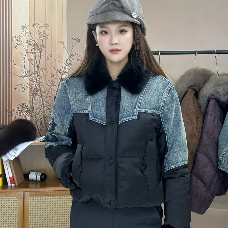 90白鹅绒水貂领加厚牛仔短款窄版外套鹅绒服显瘦秋冬网红大牌同款