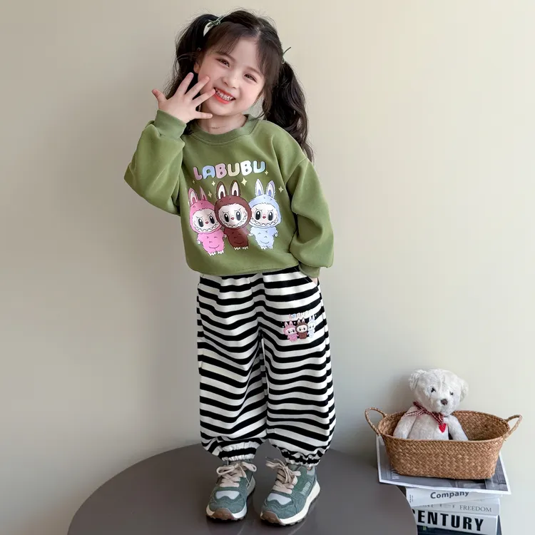女小童秋季新款莫代尔拉布布卡通印花长袖薄款卫衣条纹阔腿裤套装