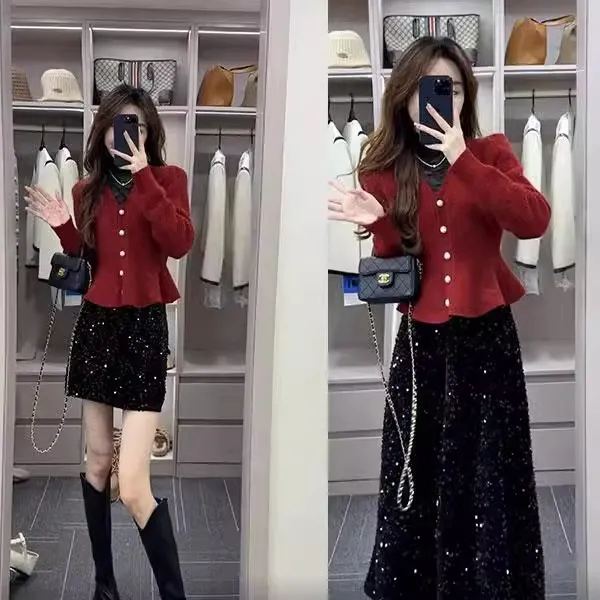 小个子甜美减龄v领收腰荷叶边过年红色开衫毛衣女高腰亮片半身裙