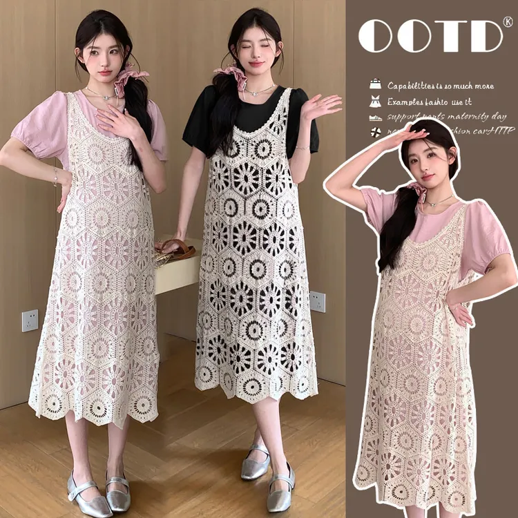 钩花镂空针织吊带连衣裙女夏季慵懒宽松海边度假叠穿别致罩衫长裙