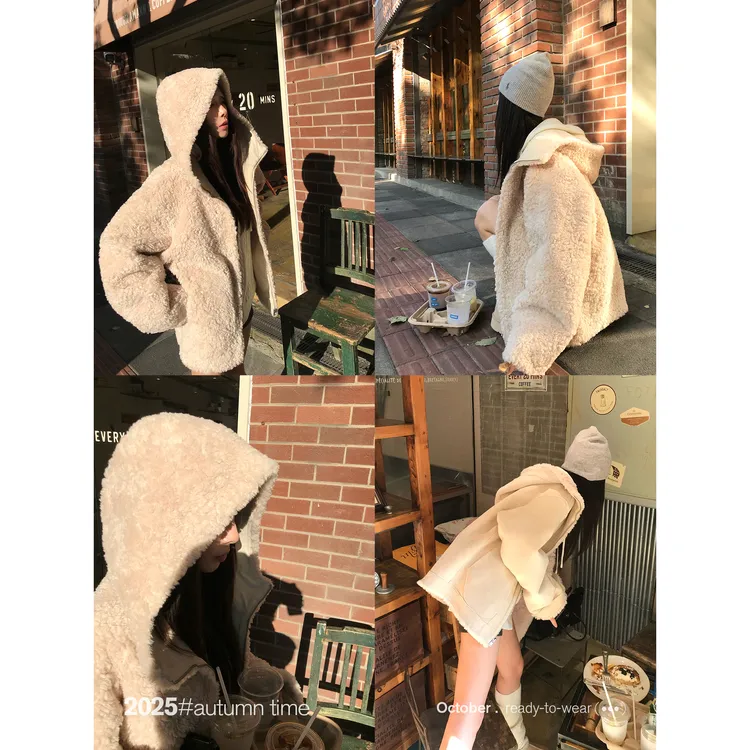 SUNONEONE 泰迪毛两面穿连帽麂皮毛呢外套女冬短款大衣H1498W