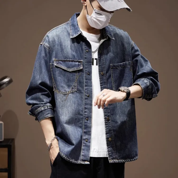 春季新款美式复古原色牛仔外套男潮牌高级感拼接工装衬衣翻领夹克