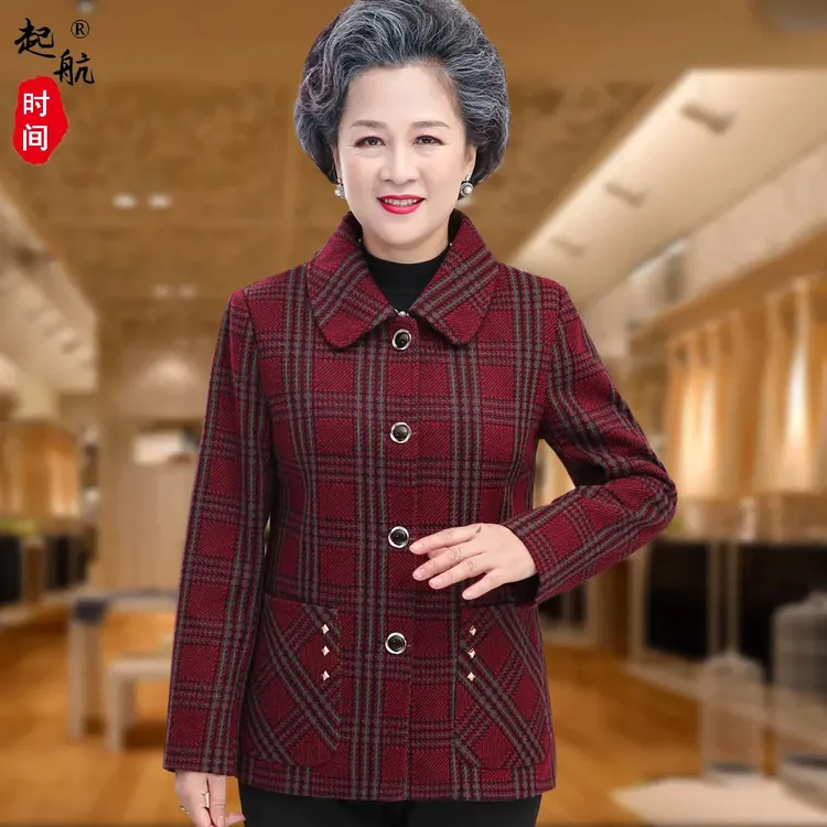 春秋中老年女装上衣女冬季加绒妈妈装格子外套奶奶装老年人衣服厚