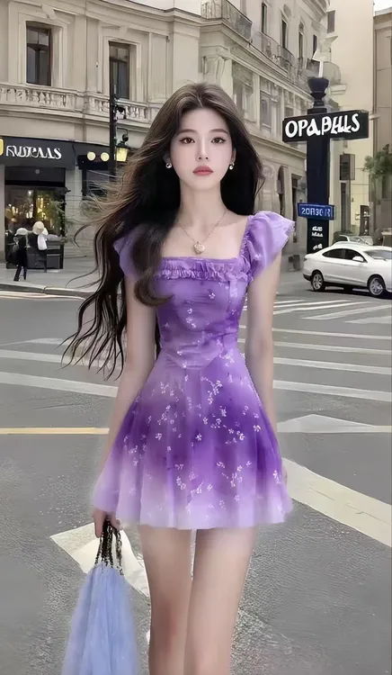 渐变紫性感辣妹碎花裙小众设计感新款短款连衣裙气质甜美清新显瘦