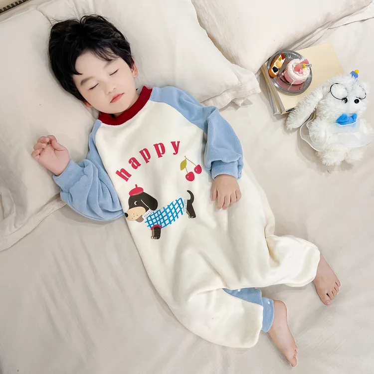 男童连体睡衣秋冬季珊瑚绒加厚男孩儿童睡袋奥粒绒婴儿宝宝防踢被