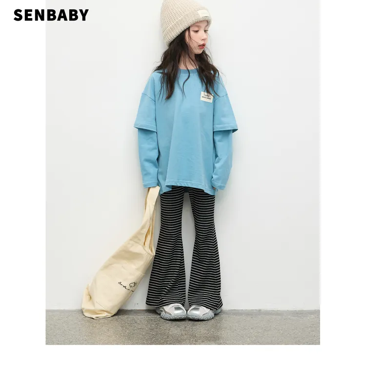 【现货】senbaby女童25秋装新蓝色假两件T恤条纹弹力喇叭裤两件套