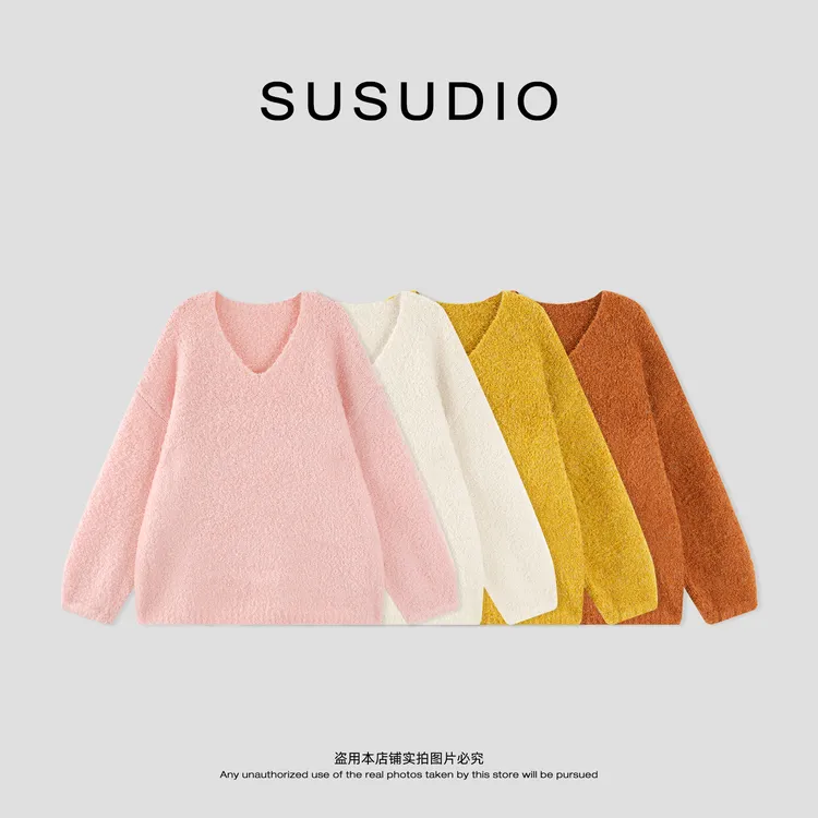 SUSUDIO 雪花毛衣 冬日氛围感软糯羊毛V领宽松套头毛衣 50306