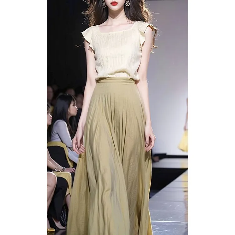 2025新款淑女气质穿搭高级感小洋装杏色无袖上衣半身裙套装女夏季