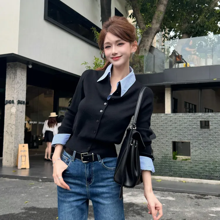 卡卡【矜蓝织构】格子拼接外搭修身假两件打底开衫上衣