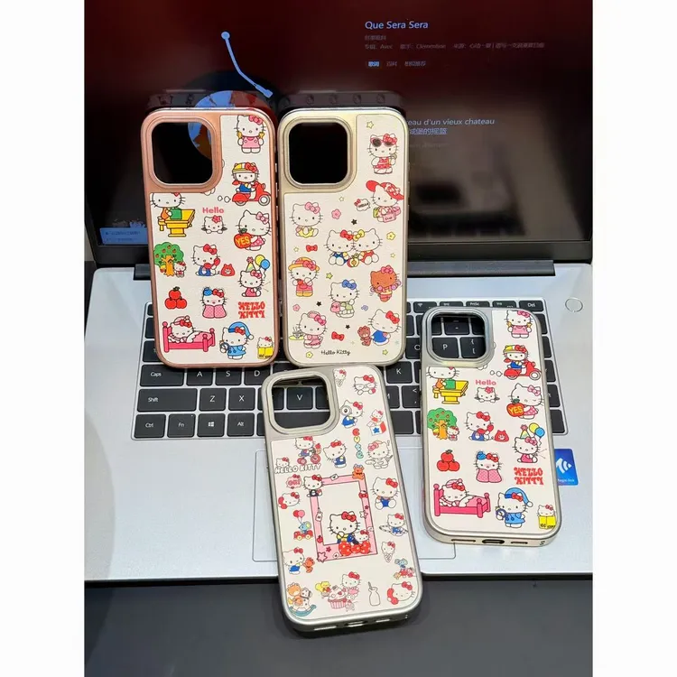 可爱卡通KT侧贴图案四包金属漆壳适用于苹果17/16/15/14保护壳