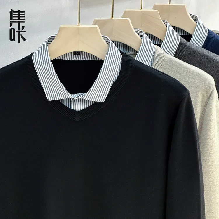 高档V领假两件毛衣男款春秋冬季2025新款男士内搭针织打底衫男装