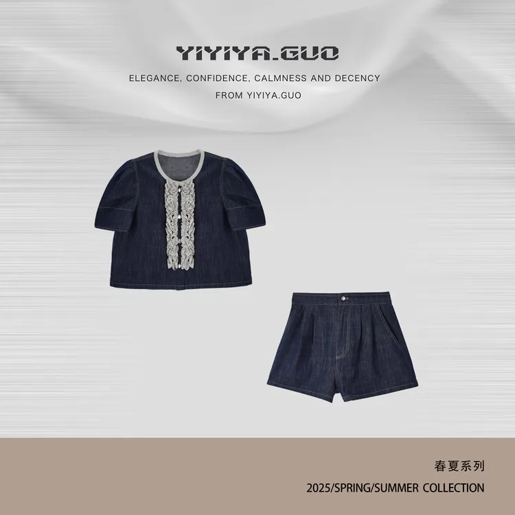 yiyiya.Guo艺艺吖【悠然小调】时尚木耳边拼接款上衣+短裤1618SS52