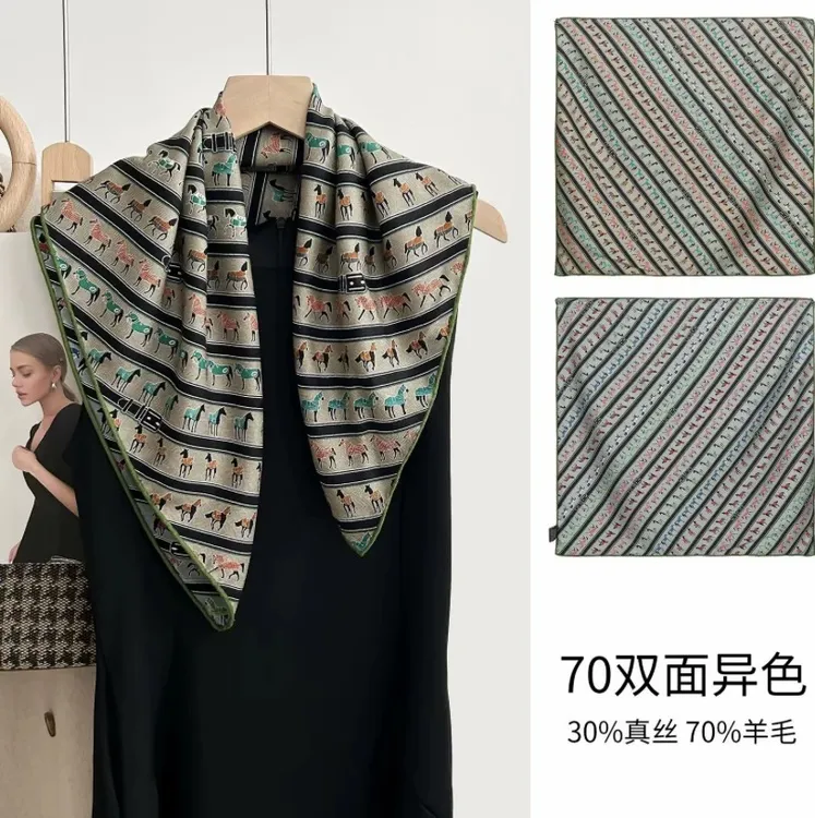 65尺寸桑蚕丝羊毛方巾复古围巾双面百搭手工卷边时尚简约小马矩阵