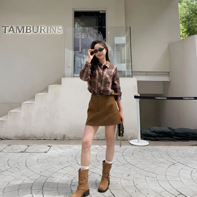 【余欢欢】早秋休闲时尚百搭翻领单排扣格子衬衫-YHW50569