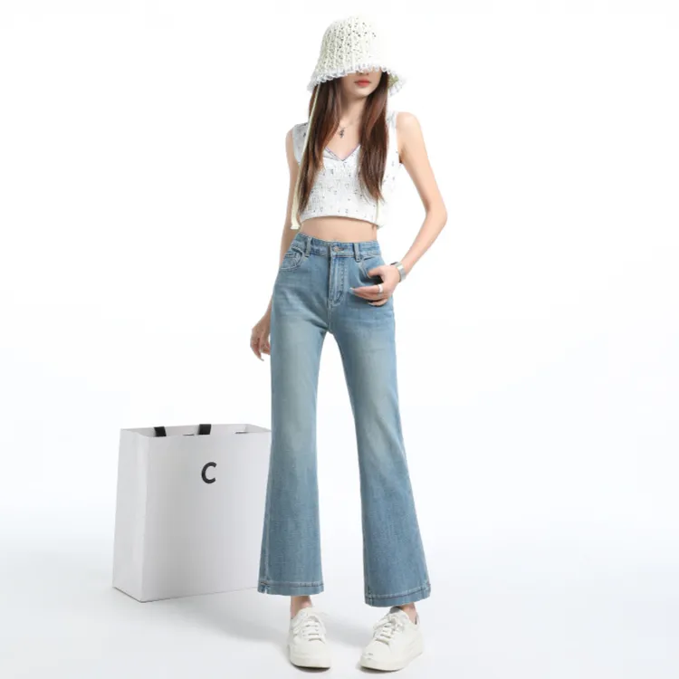 冰丝凉感九分微喇裤女薄款2025夏季显瘦裤脚开叉小个子白色牛仔裤