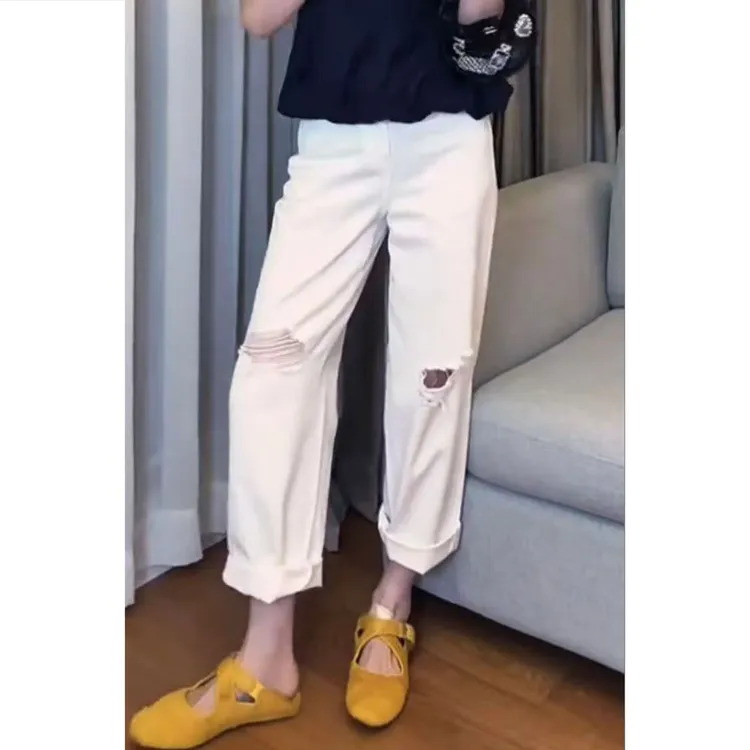 艾塔莉夏季薄款休闲风女直筒裤牛仔裤破洞长裤阔腿裤白色百搭修身