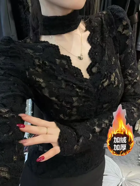 秋冬新款两穿V领磨毛加绒蕾丝衫性感百搭洋气时髦蕾丝上衣打底衫