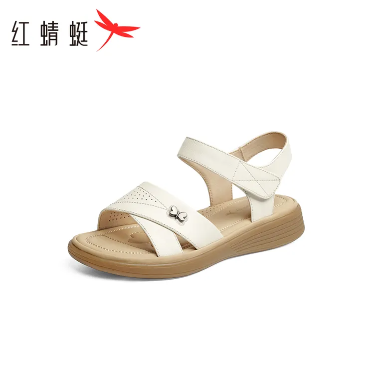 红蜻蜓真皮妈妈凉鞋2025夏季新款女鞋白色魔术贴软底中老年鞋子