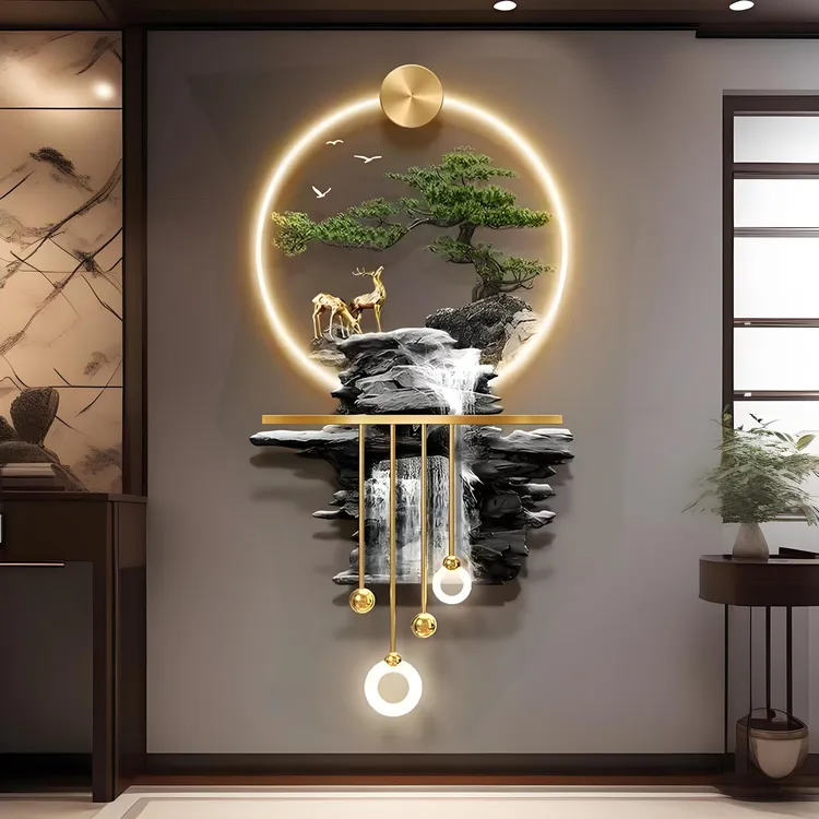 轻奢流水生财进门正对墙壁画立体高档发光玄关装饰画走廊过道挂画