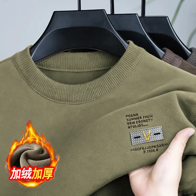 双面加厚奥粒绒烫金压标男士冬季卫衣圆领衫打底衫休闲保暖男装