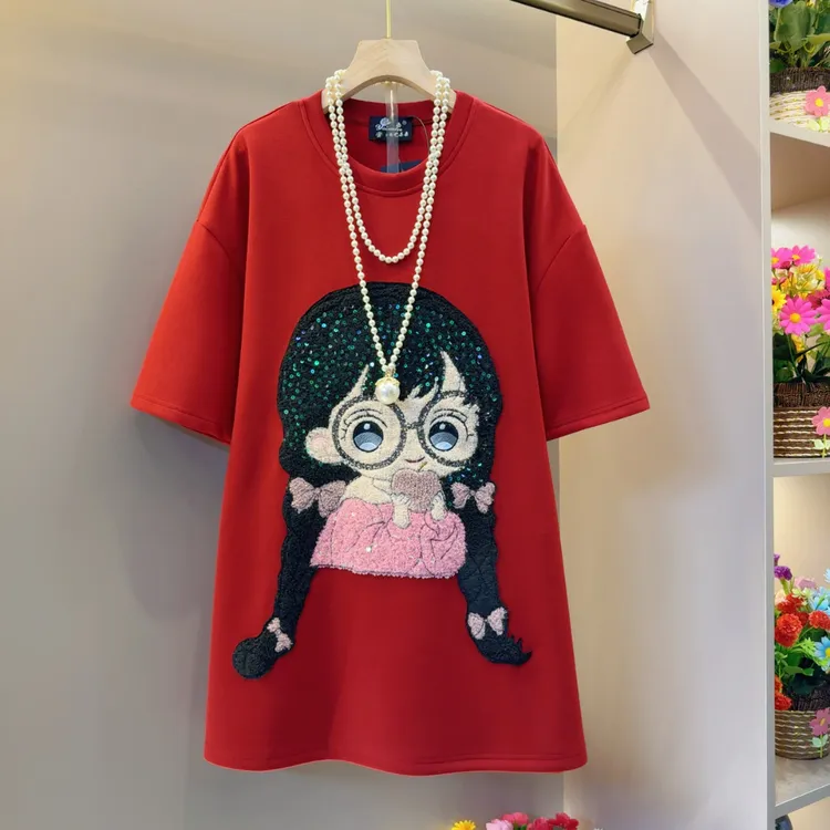 甜美蝴蝶结毛巾绣卡通女孩时髦拼色T恤衣长80左右