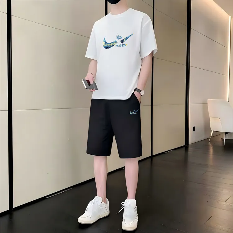 男士休闲纯棉短袖T恤冰丝速干短运动裤套装百搭宽松舒适两件套